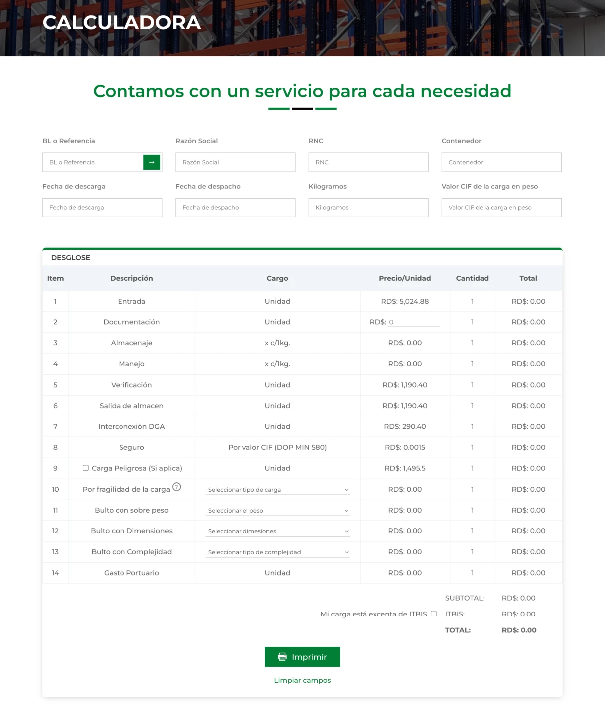 Calculadora de servicios